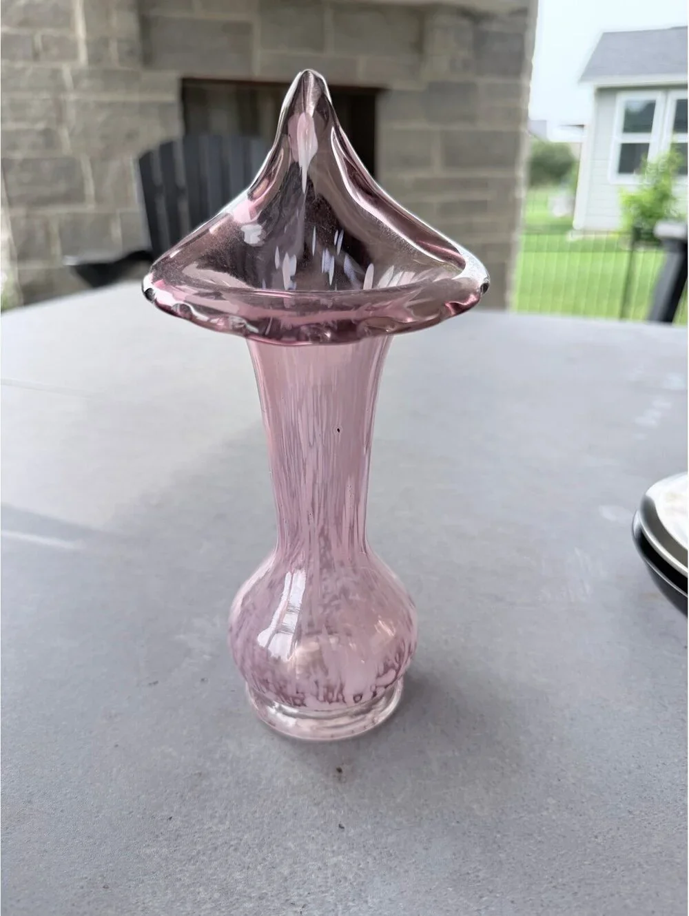 Vintage Hand Blown Lavender Art Glass Bud Vase White Swirl Trumpet Vase
